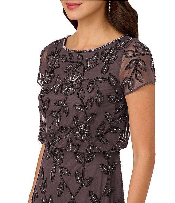 Adrianna Papell Beaded Mesh Boat Neck Short Sleeve Blouson Dress Product Image
