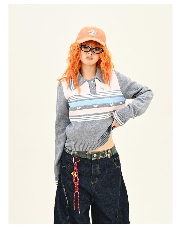 Polo Collared Heart Striped Crop Sweater Product Image