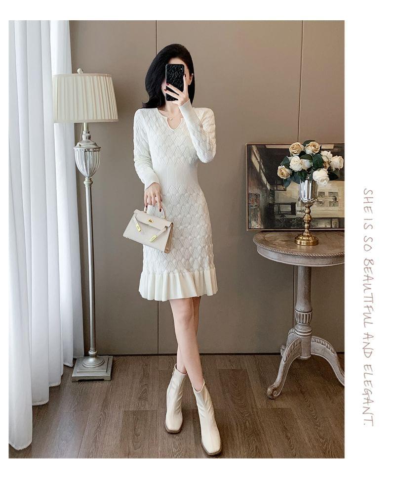 Long-Sleeve Notch Neck Plain Knit Mermaid Dress Product Image