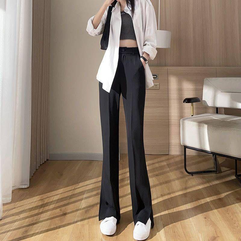 High Rise Plain Slit Bootcut Dress Pants / Drawstring Rise Loose Fit Pants Product Image