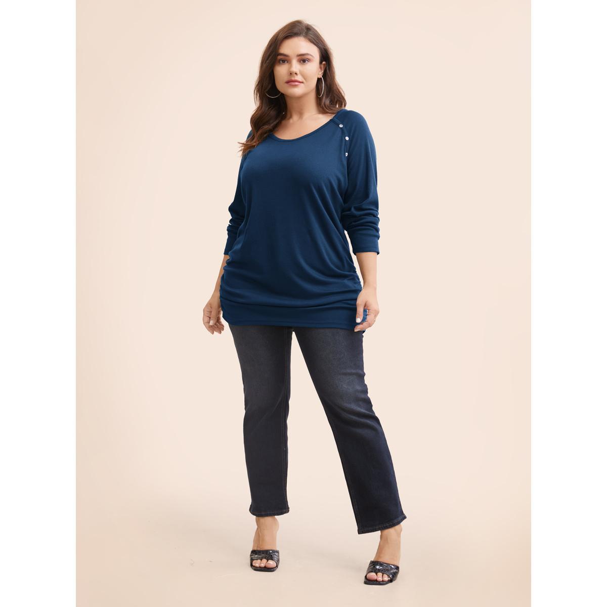 Plus Size Plain Gathered Button Detail T-shirt Indigo Women Casual Gathered Plain Round Neck Dailywear T-shirts BloomChic 10/M Product Image