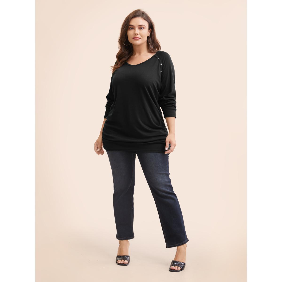 Plus Size Plain Gathered Button Detail T-shirt Indigo Women Casual Gathered Plain Round Neck Dailywear T-shirts BloomChic 10/M Product Image