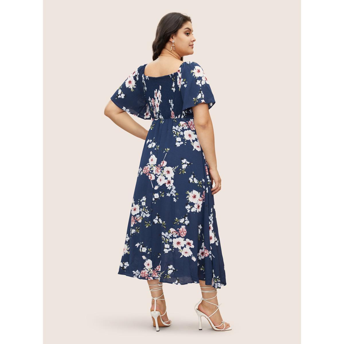 Plus Size Floral Square Neck Ruffles Pocket Shirred Split Dress DarkBlue Women Romantic Non Square Neck Short sleeve Curvy BloomChic 28/5X Product Image