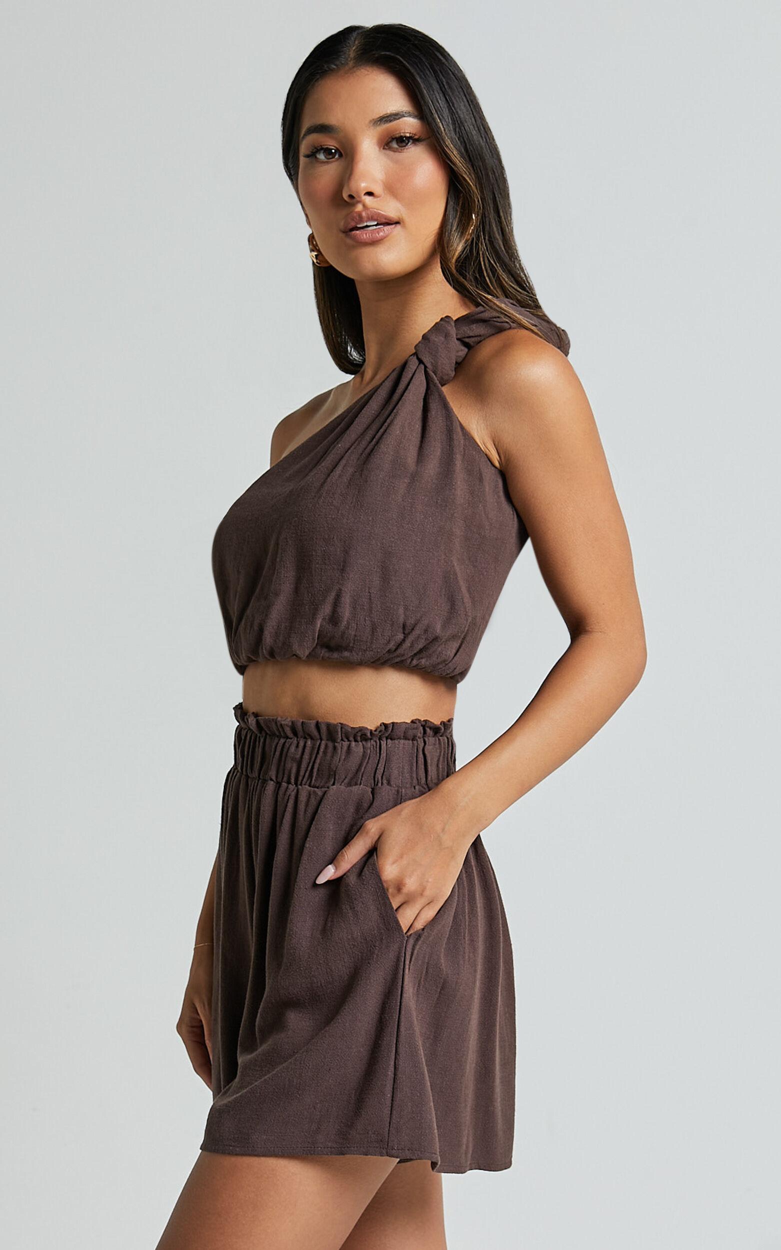 Raylene Two Piece Set - Linen Knotted One Shoulder Top and Paper Bag Waist Shorts in Tobacco Product Image