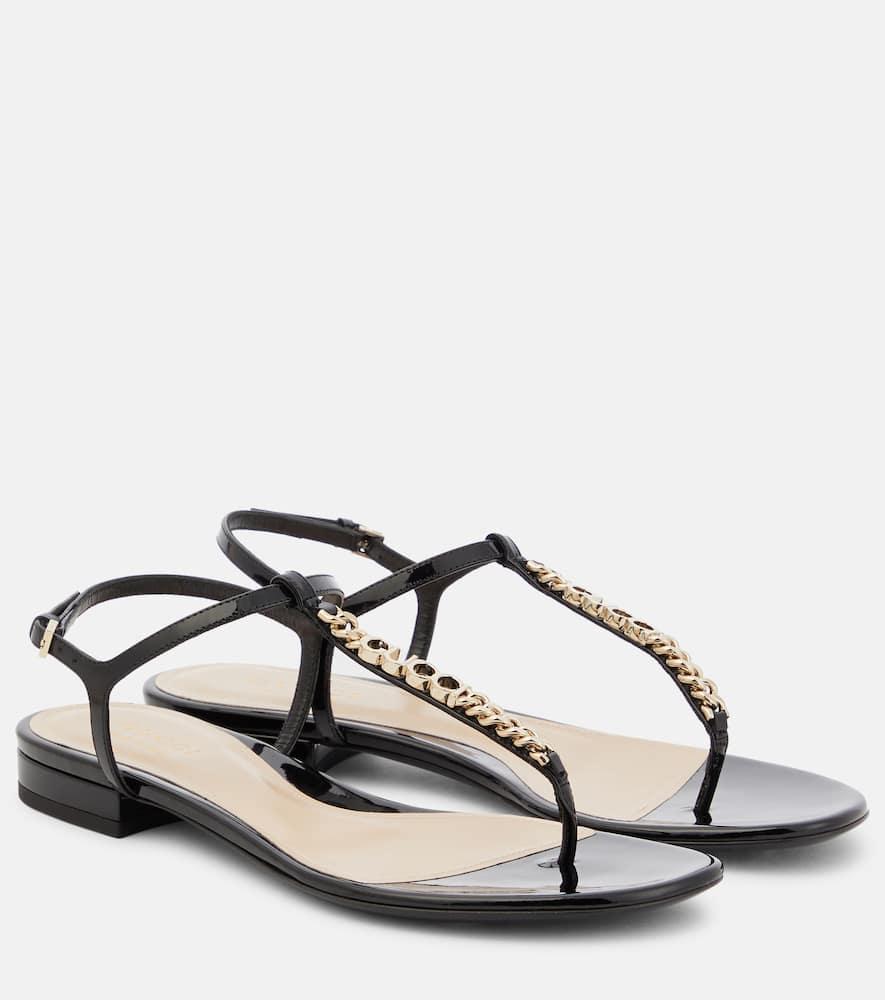 Logo Embellished Patent Leather Thong Sandals In Black Product Image