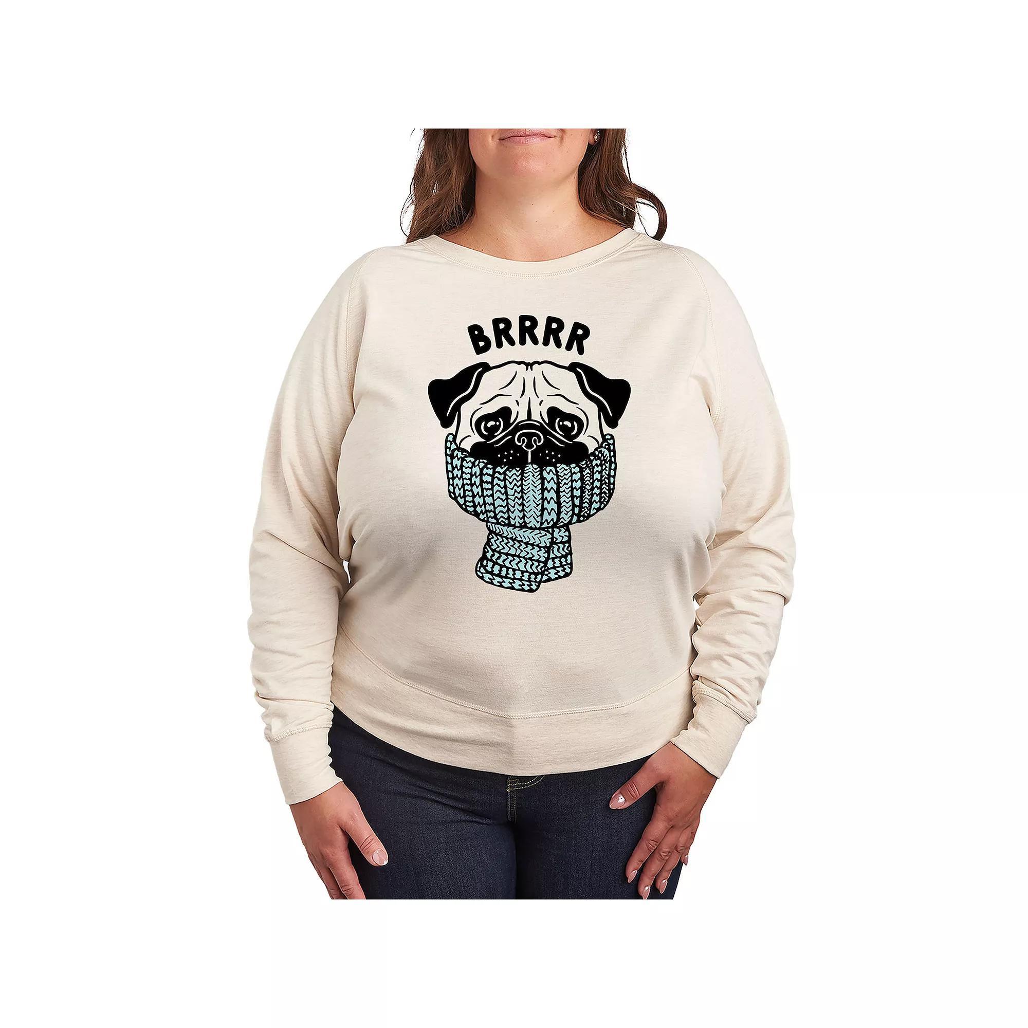 Plus Size Brrrr Pug Scarf French Terry Long Sleeve Tee, Women's, Size: 2XL, Brown Product Image