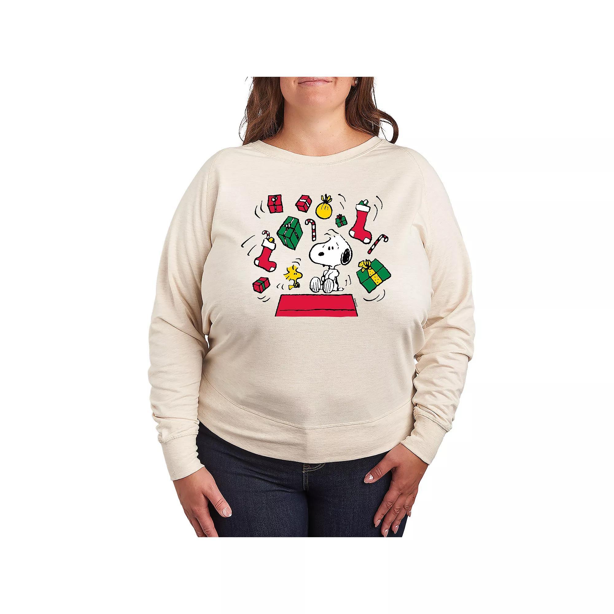Women's Peanuts Snoopy & Woodstock Christmas Presents French Terry Long Sleeve Tee,  Product Image