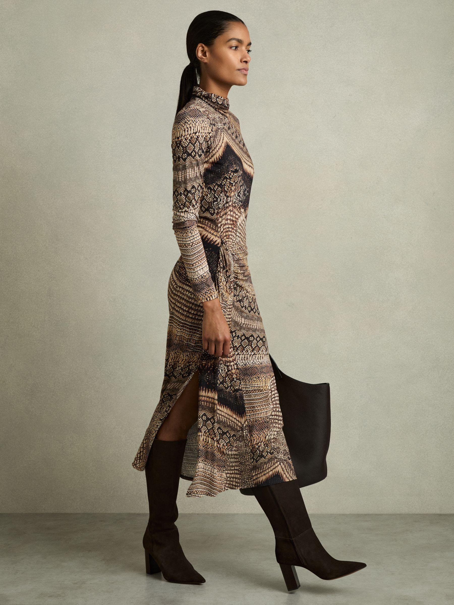 Snake-Print Draped Midi Dress in Brown Product Image