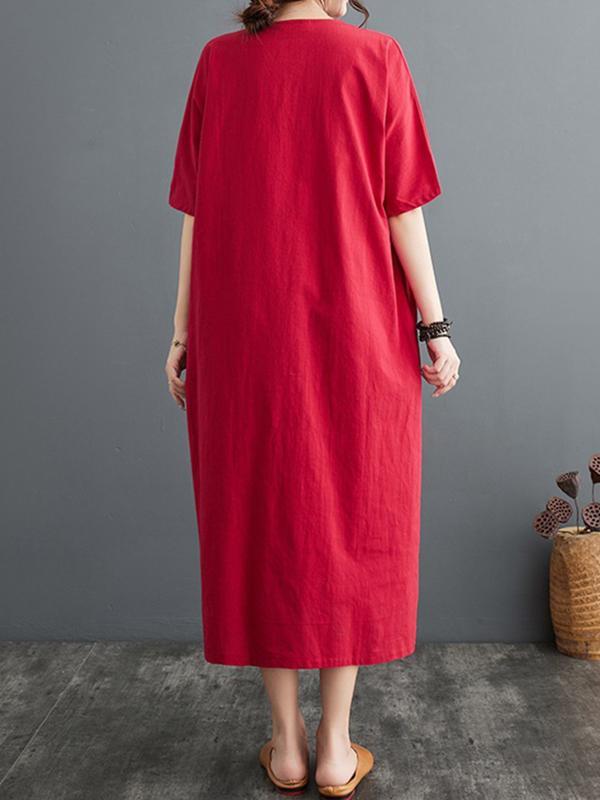 A-Line Loose Chinese Frog Buttons Pockets Solid Color Split-Side V-Neck Midi Dresses Product Image