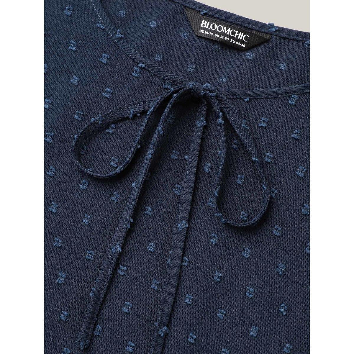 Plus Size Indigo Shirred Puff Sleeve Neck-Tie Shirt Women Office Short sleeve Round Neck Vacation Blouses BloomChic 14-16/1X Product Image