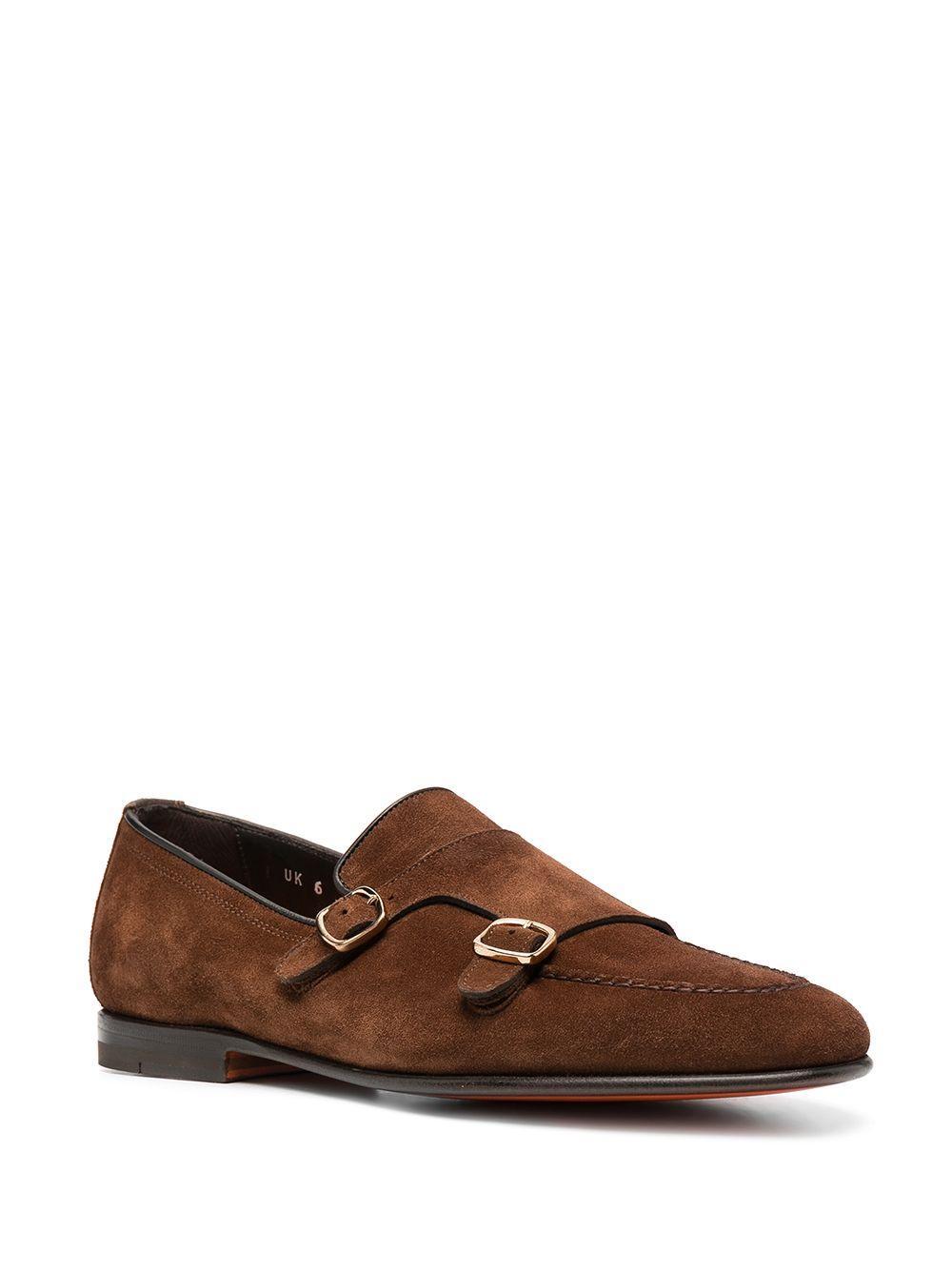 SANTONI Double Monk Strap Suede Loafers In Brown Product Image