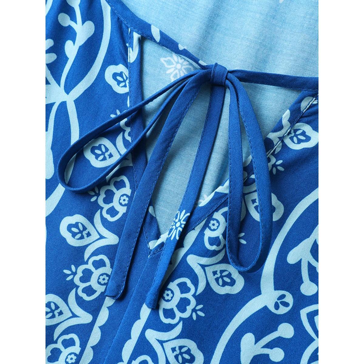 Plus Size Stretchy Waist Boho Print Midi Dress Skyblue Women Flat collar with V-notch Half Sleeve Curvy BloomChic 12/L Product Image