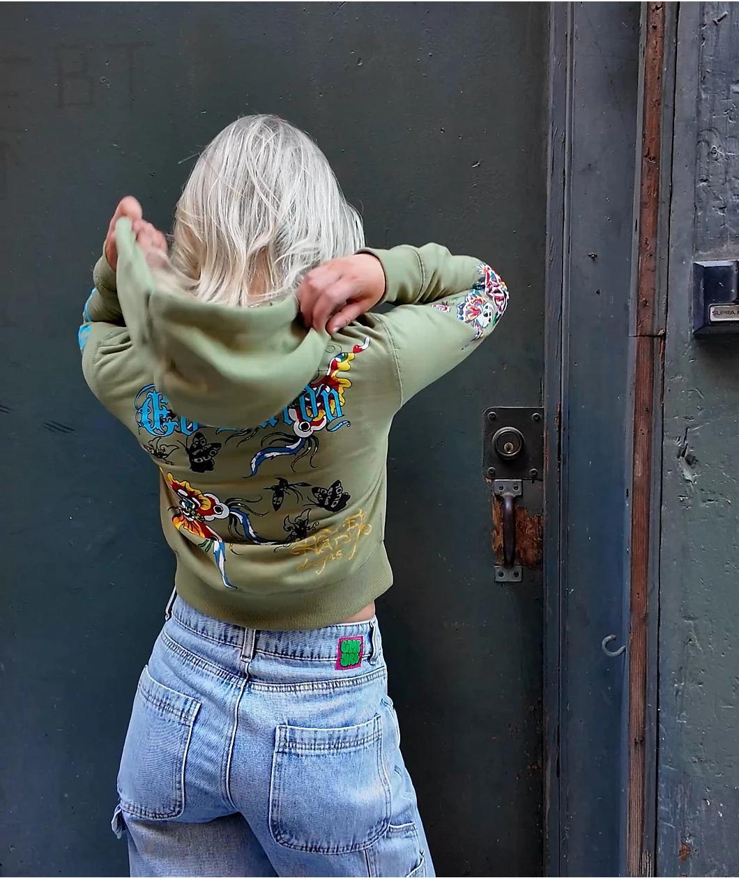 Ed Hardy Butterflies Y2K Olive Crop Zip Hoodie Product Image