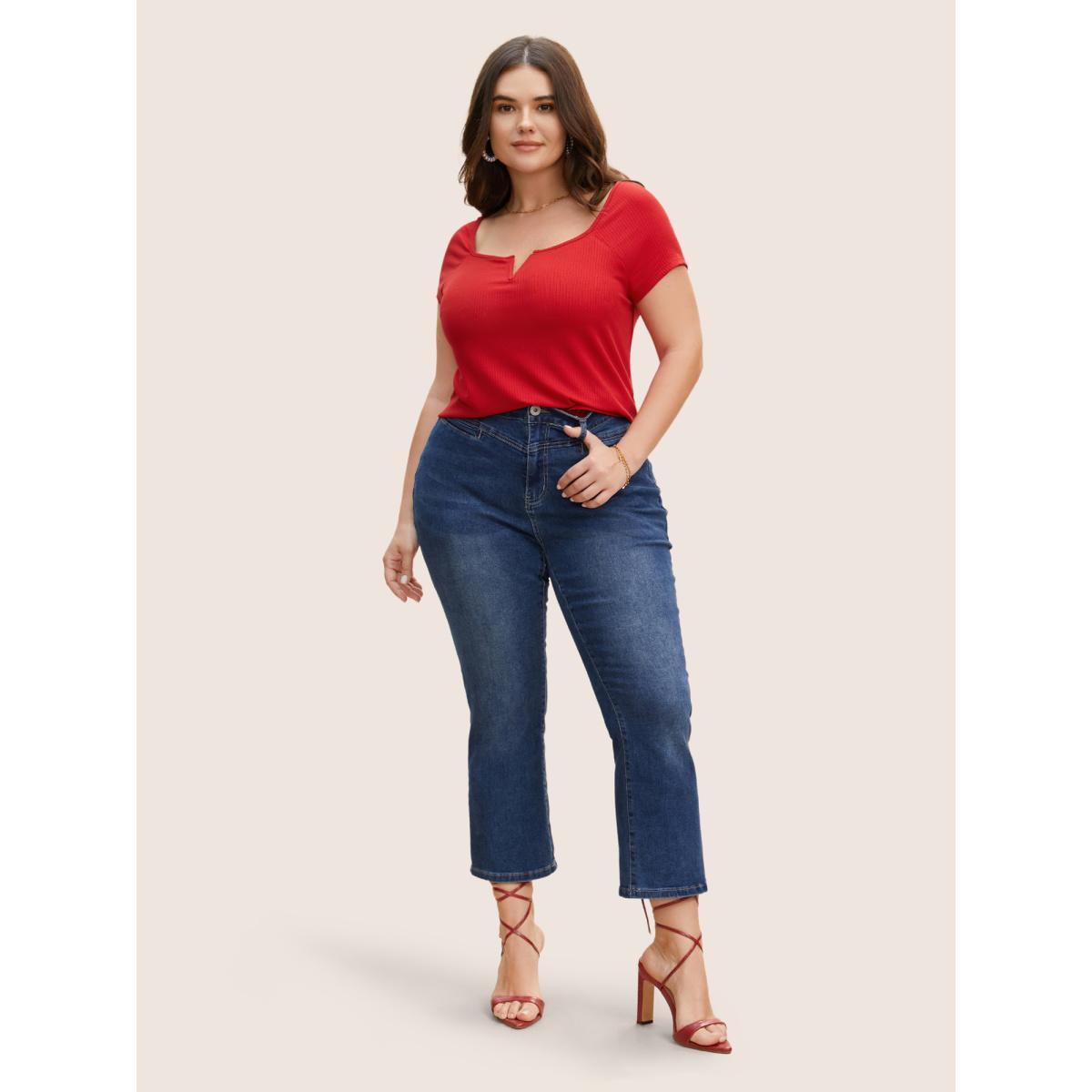 Plus Size Solid Notched Collar Pit Strip T-shirt Brightred Women Timeless Non Notched collar Bodycon Elegant T-shirts BloomChic 26/4X Product Image