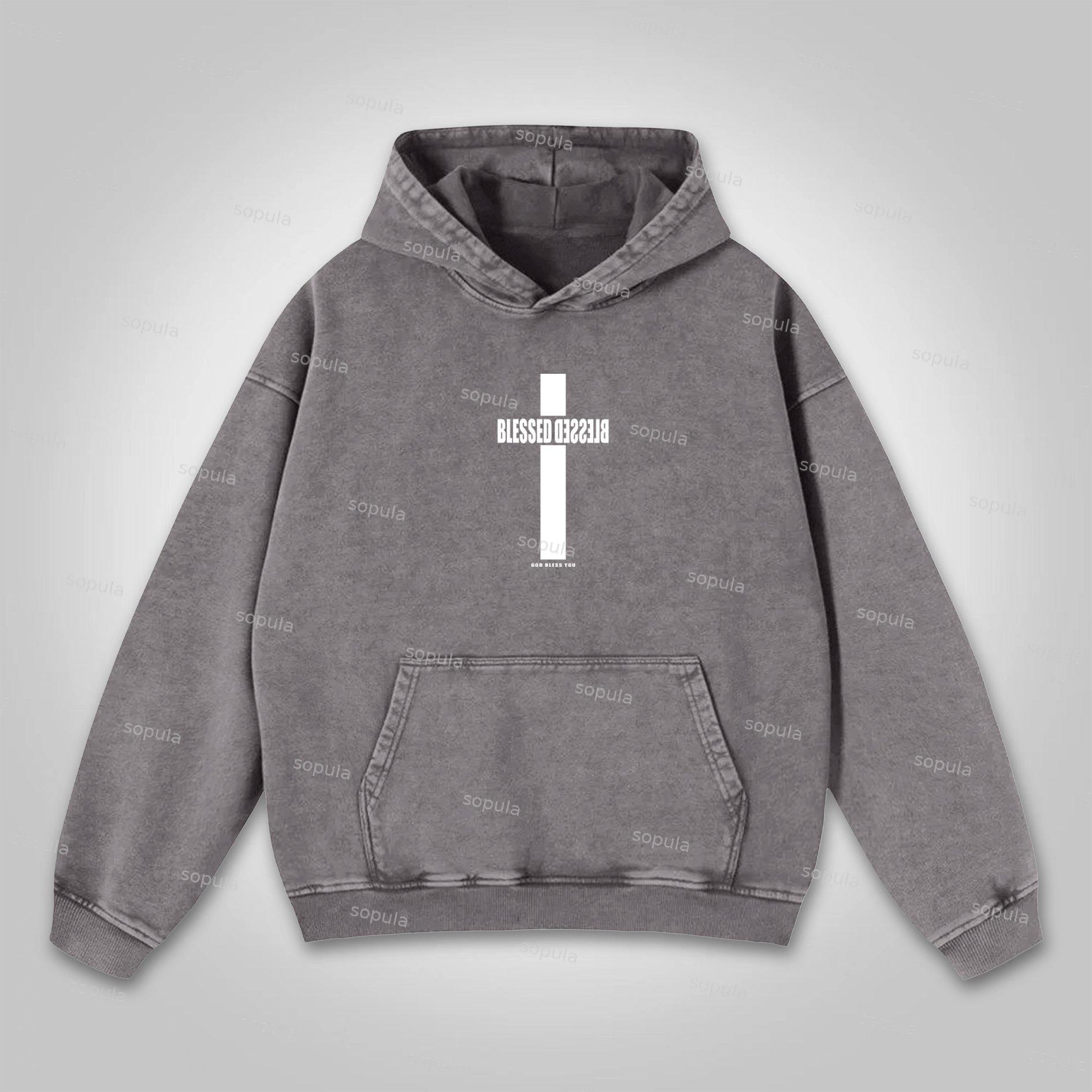 Sopula Vintage Blessed Cross God Bless You Graphic Washed Hoodie Product Image