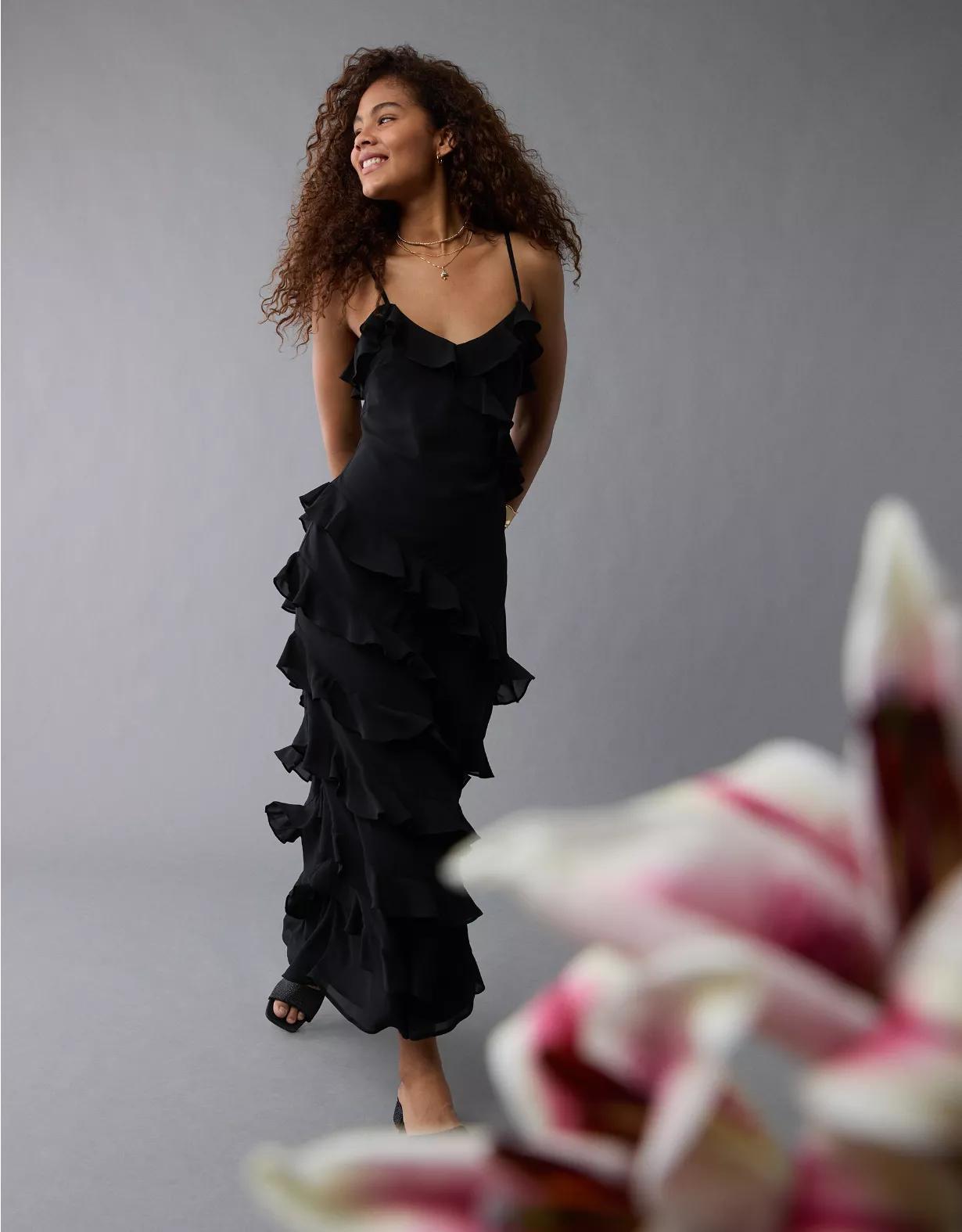 AE Asymmetrical Ruffle Maxi Slip Dress Product Image