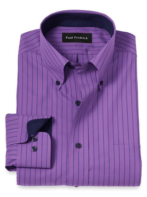 Non-Iron Cotton Stripe Dress Shirt With Contrast Trim - Purple Product Image