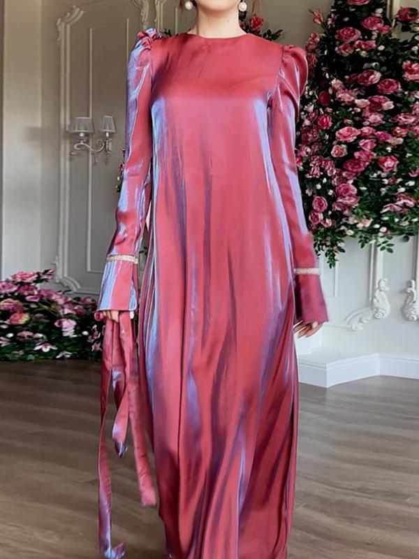 A-Line Long Sleeves Pleated Solid Color Tied Waist Zipper Round-Neck Maxi Dresses Product Image