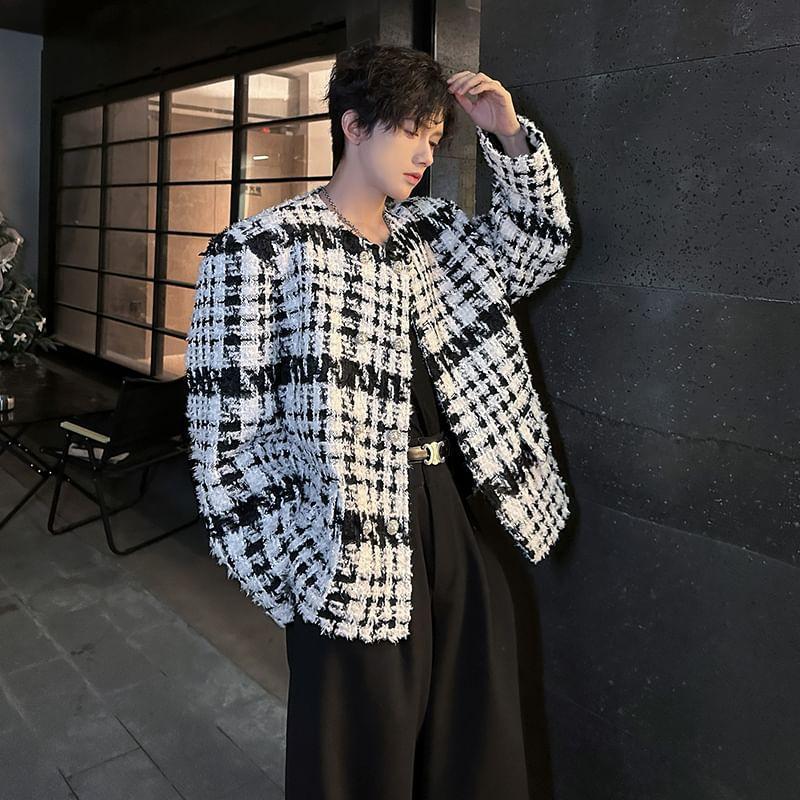 Crew Neck Plaid Double-Breasted Tweed Jacket Product Image