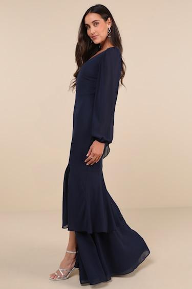 Tier Elegance Navy Long Sleeve Tiered Maxi Dress Product Image
