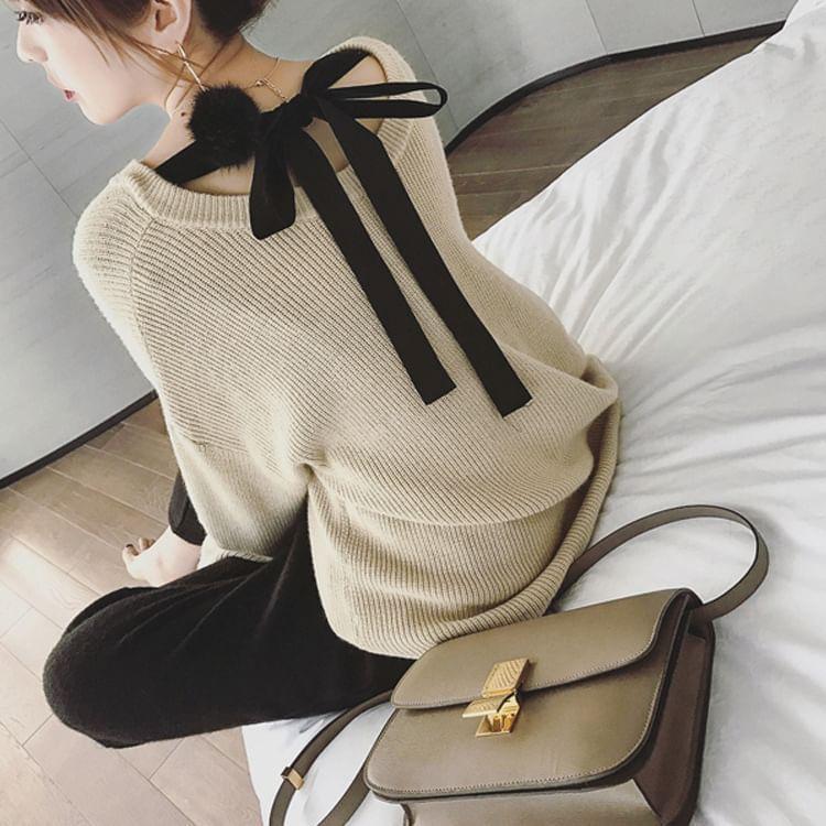 Drop Shoulder Bowknot Back Oversized Sweater Product Image