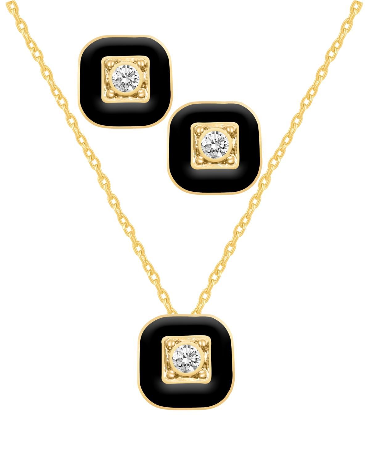 Royal Aura Black Enamel Cushion Pendant & Stud Earring Set, Womens Silver Tone Black Product Image