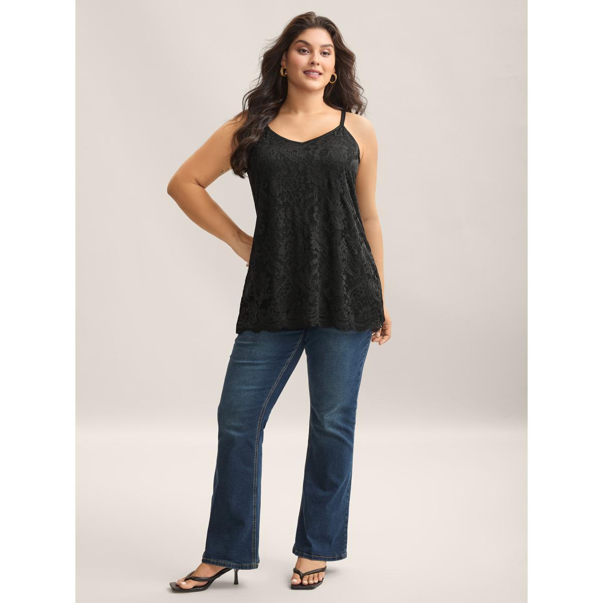 Plus Size Floral Lace Lined Tank Top Women Black Timeless Non V-neck Elegant Tank Tops Camis BloomChic 12/L Product Image