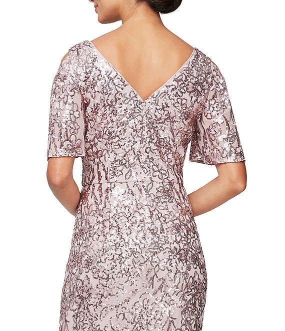Alex Evenings Floral Sequin Cold Shoulder Short Flutter Sleeve V-Neck Sheath Long Gown Product Image