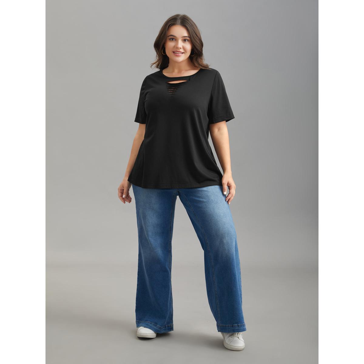 Plus Size Stretchy Ripped Neck Fitted T-Shirt Black Women Leisure Cut-Out Round Neck Casual T-shirts BloomChic 22-24/3X Product Image