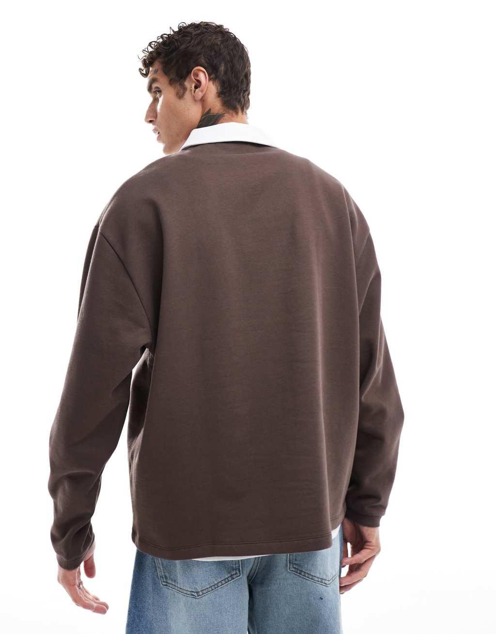 ASOS DESIGN oversized rugby polo sweatshirt in brown Product Image