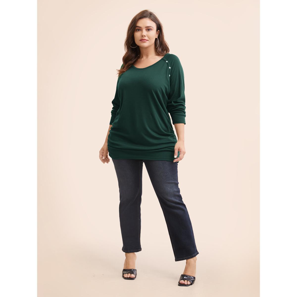 Plus Size Plain Gathered Button Detail T-shirt DarkGreen Women Leisure Gathered Plain Round Neck Casual T-shirts BloomChic 30/6X Product Image