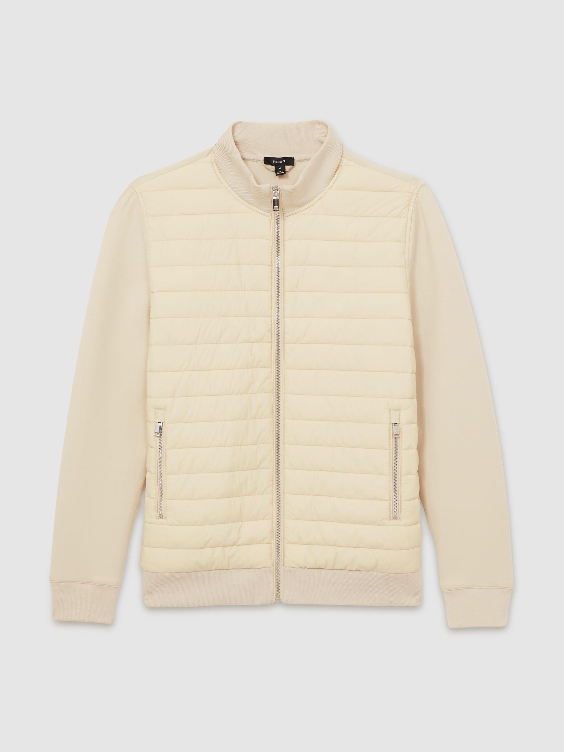 Hybrid Quilt and Knit Zip-Through Jacket in Light Stone Product Image