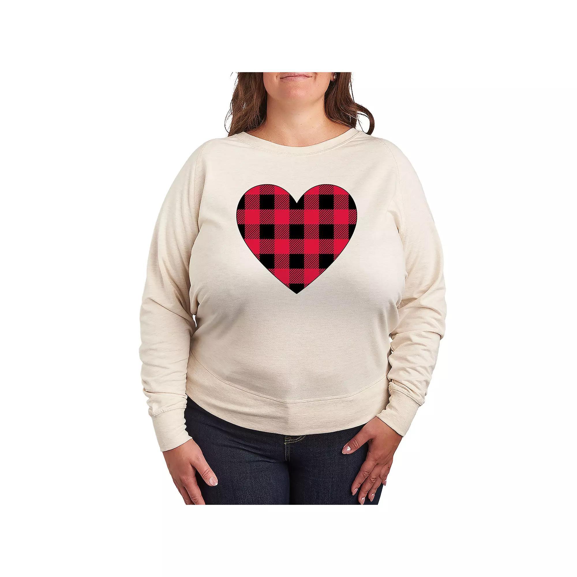 Plus Size Red Black Plaid Heart Long Sleeve Graphic Tee, Women's, Size: 4XL, Beige Product Image