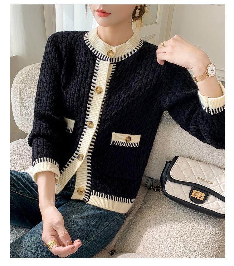 Crew Neck Contrast Trim Cable Knit Button-Up Cardigan Product Image