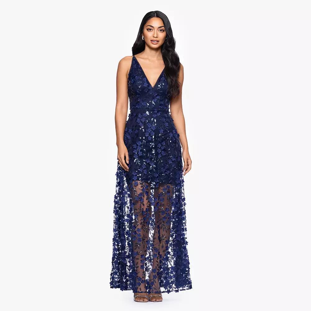 Women's X Evenings Sequin-Embellished V-Neck Evening Gown, Size: 10, Blue Product Image