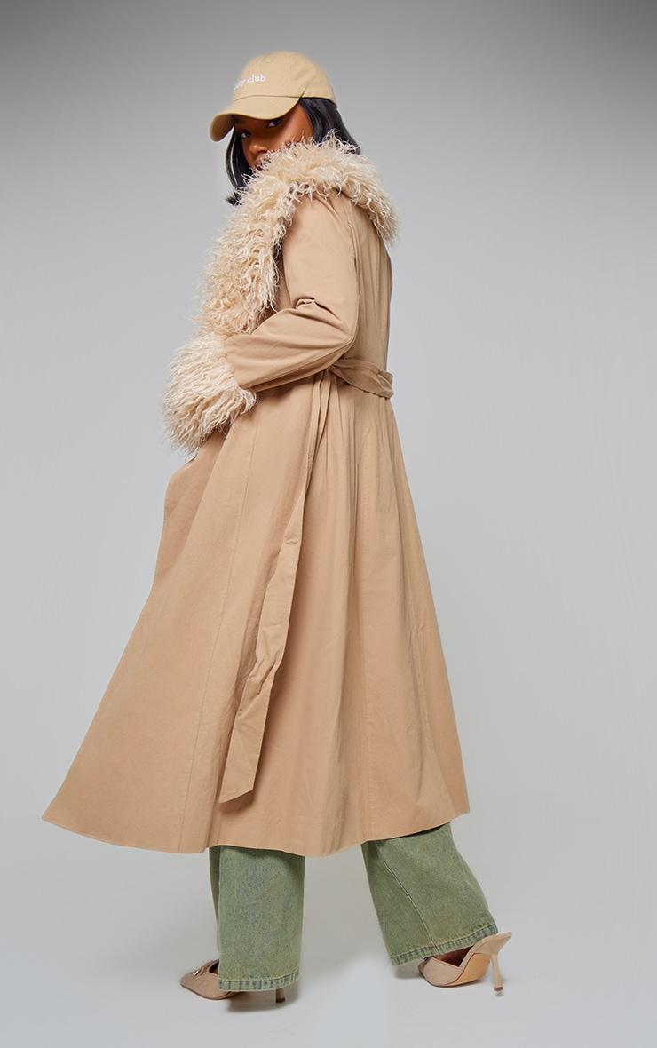  Sand Faux Fur Contrast Collar Self Tie Maxi Coat Product Image
