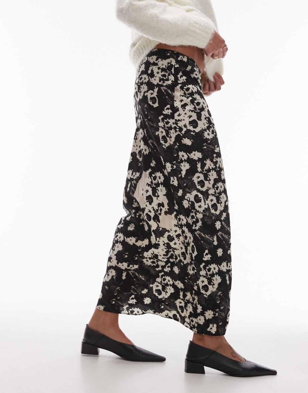 Topshop bias cut skirt in blurred black and white floral Product Image