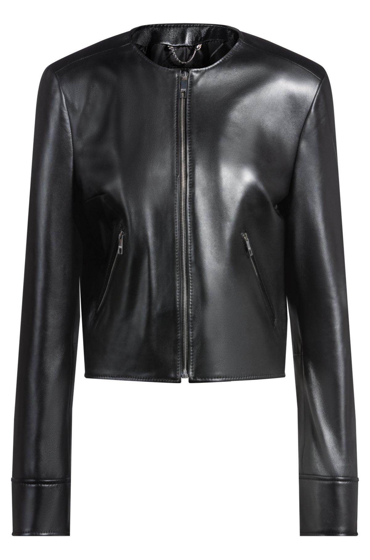 Collarless leather jacket with zip closure Product Image