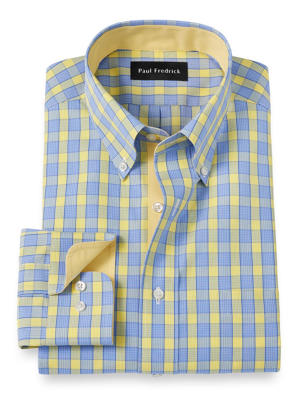 Non-Iron Cotton Check Dress Shirt With Contrast Trim - Blue/yellow Product Image