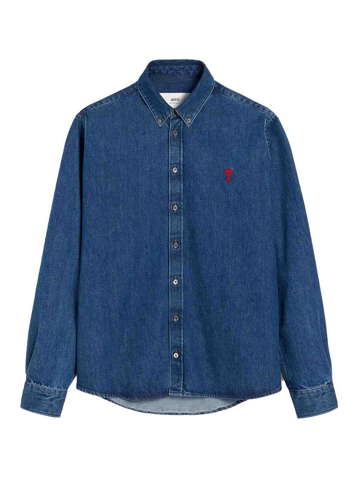 AMI ALEXANDRE MATTIUSSI Ami De Coeur-embroidered Denim Shirt In Dark Wash Product Image