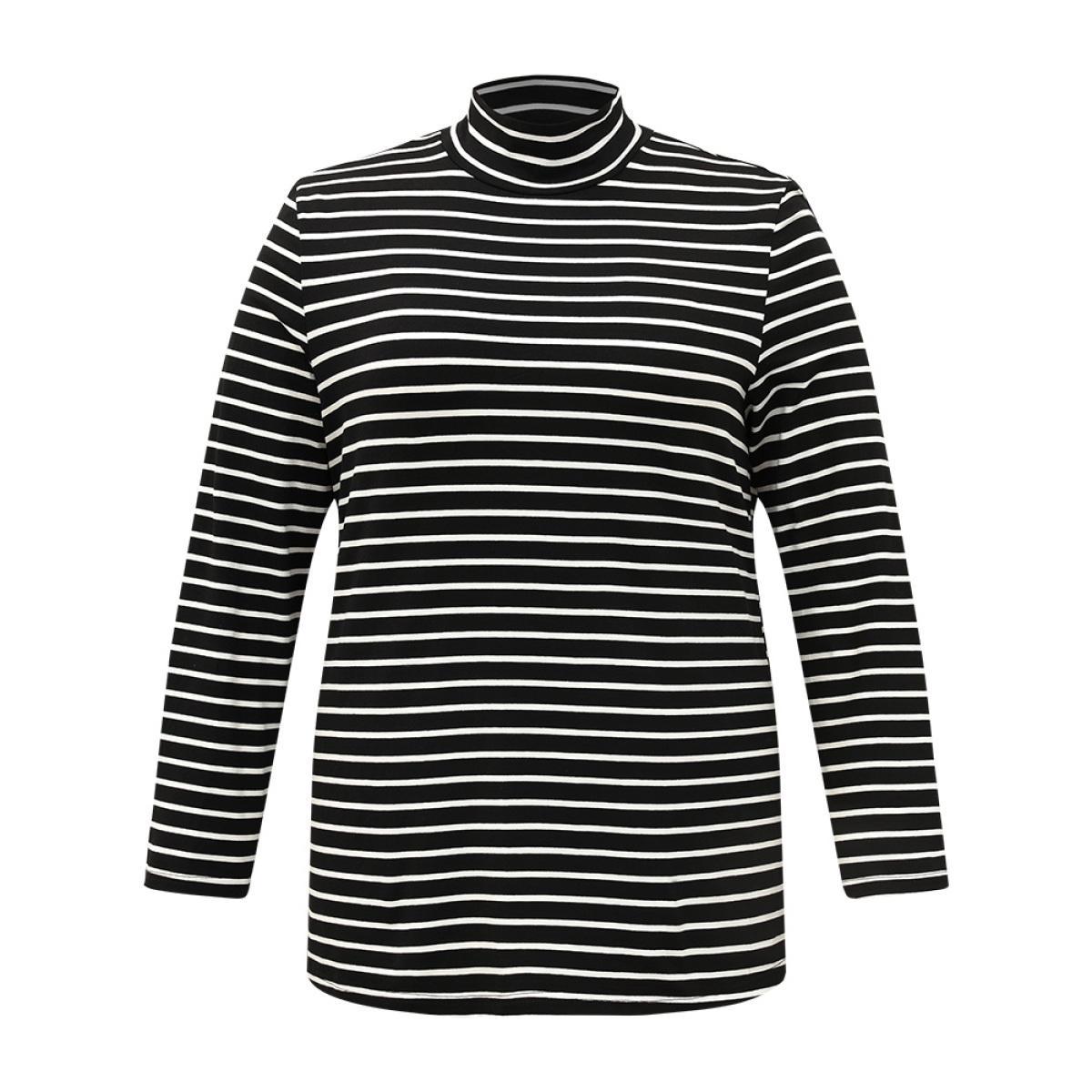 Plus Size Cotton Striped Funnel Neck T-shirt Black Women Casual Contrast Striped Turtleneck Dailywear T-shirts BloomChic 14-16/1X Product Image
