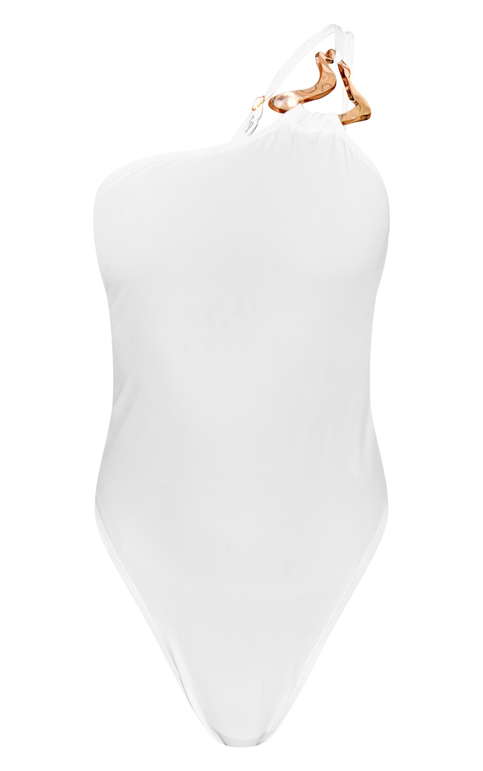 White Gold Trim Asymmetric Swimsuit Product Image