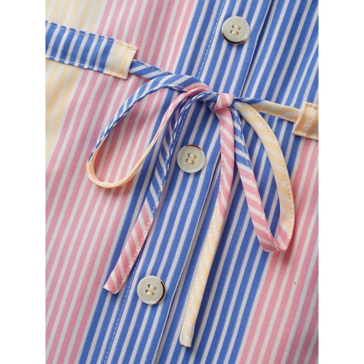 Plus Size Multicolor Contrast Striped Drawstring Patched Pocket Blouse Women Casual Elbow-length sleeve Shirt collar Everyday Blouses BloomChic 12/L Product Image