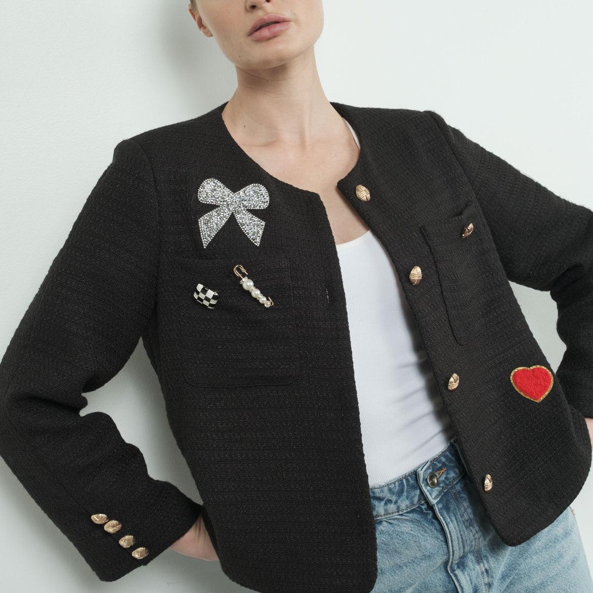 Rhinestones Pearl Pin and Heart Patch Jacket Product Image