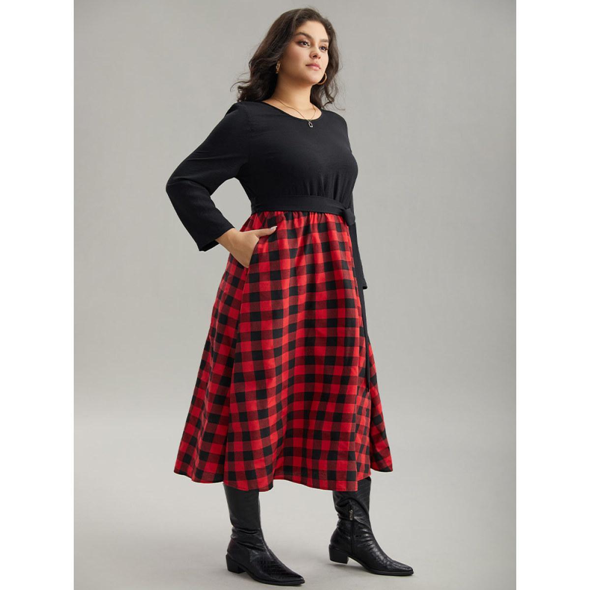 Plus Size Plaid Patchwork Contrast Round Neck Belted Dress Black Women Casual Belted Round Neck Long Sleeve Curvy Midi Dress BloomChic 28/5X Product Image