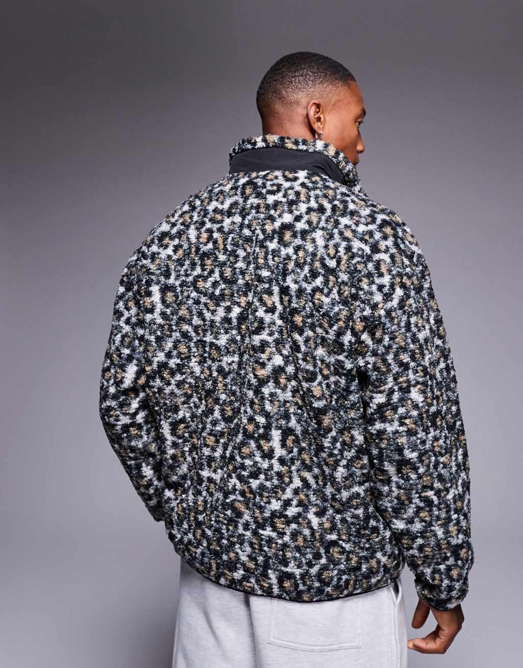 ASOS DESIGN oversized half zip sweatshirt in borg leopard print Product Image