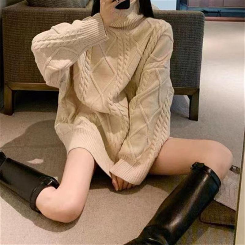 Long-Sleeve Turtleneck Plain Mini Sweater Dress Product Image