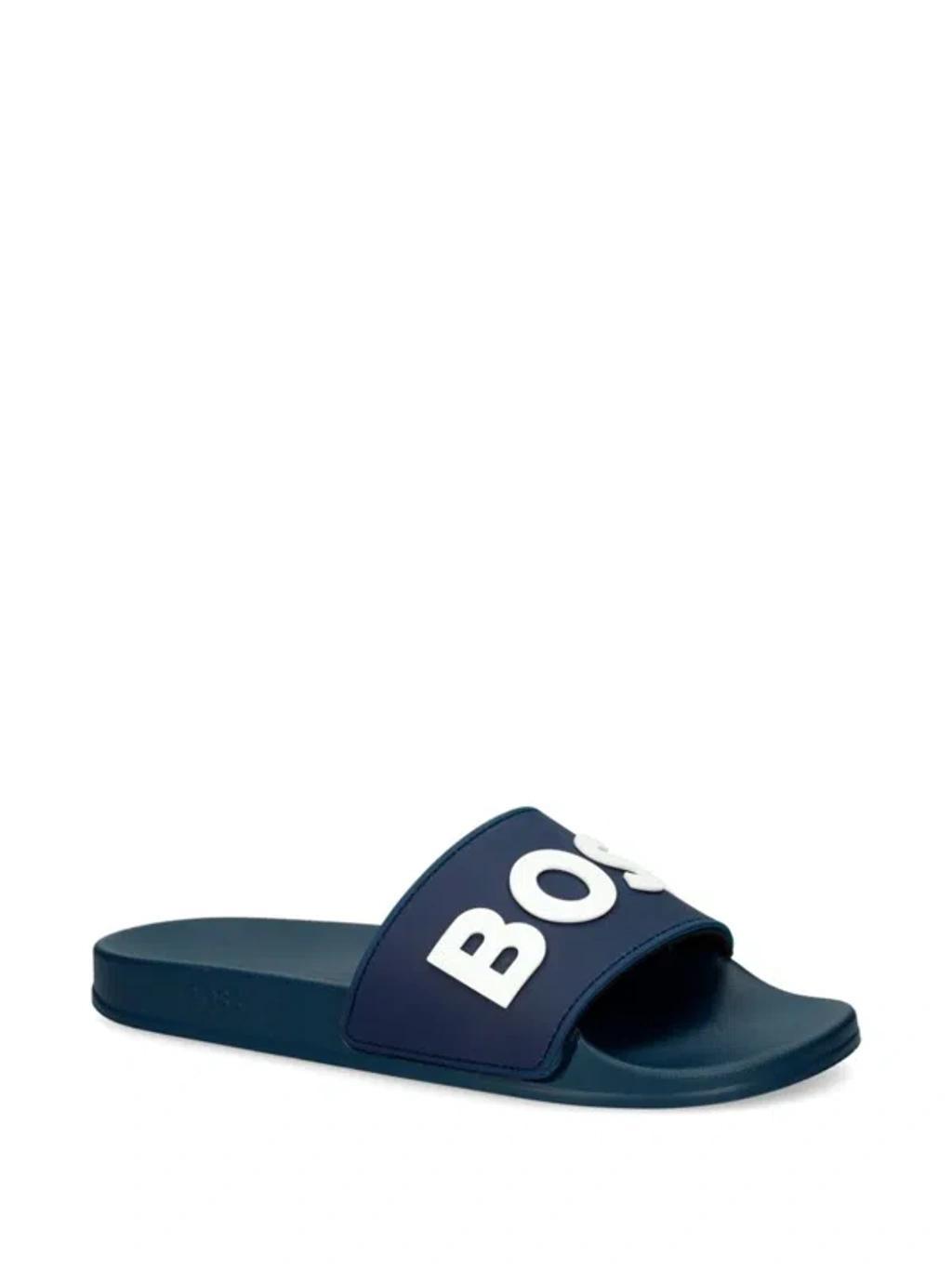 HUGO BOSS Boss Mens Dark Blue Logo-print Rubber Sliders Product Image