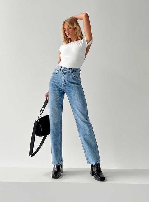 Holly Mid Rise Straight Leg Asymmetric Jean Light Wash Denim Product Image