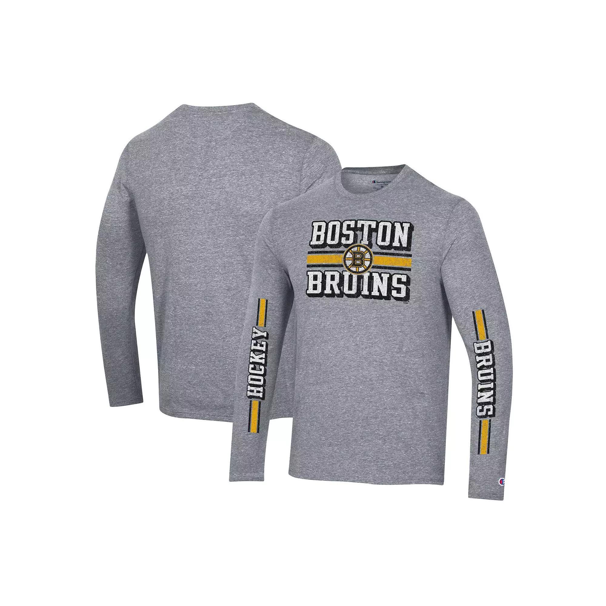 Men's Champion Heather Gray Boston Bruins Tri-Blend Dual-Stripe Long Sleeve T-Shirt, Size: Medium, Grey Product Image